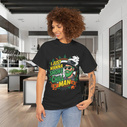 420 Cannabis Marijuana Graphic T-Shirt in sleek black, beautifully displaying the phrase 'I Just Wanna Smoke and Chill Man' with a unique cannabis design, an upscale addition to your wardrobe.