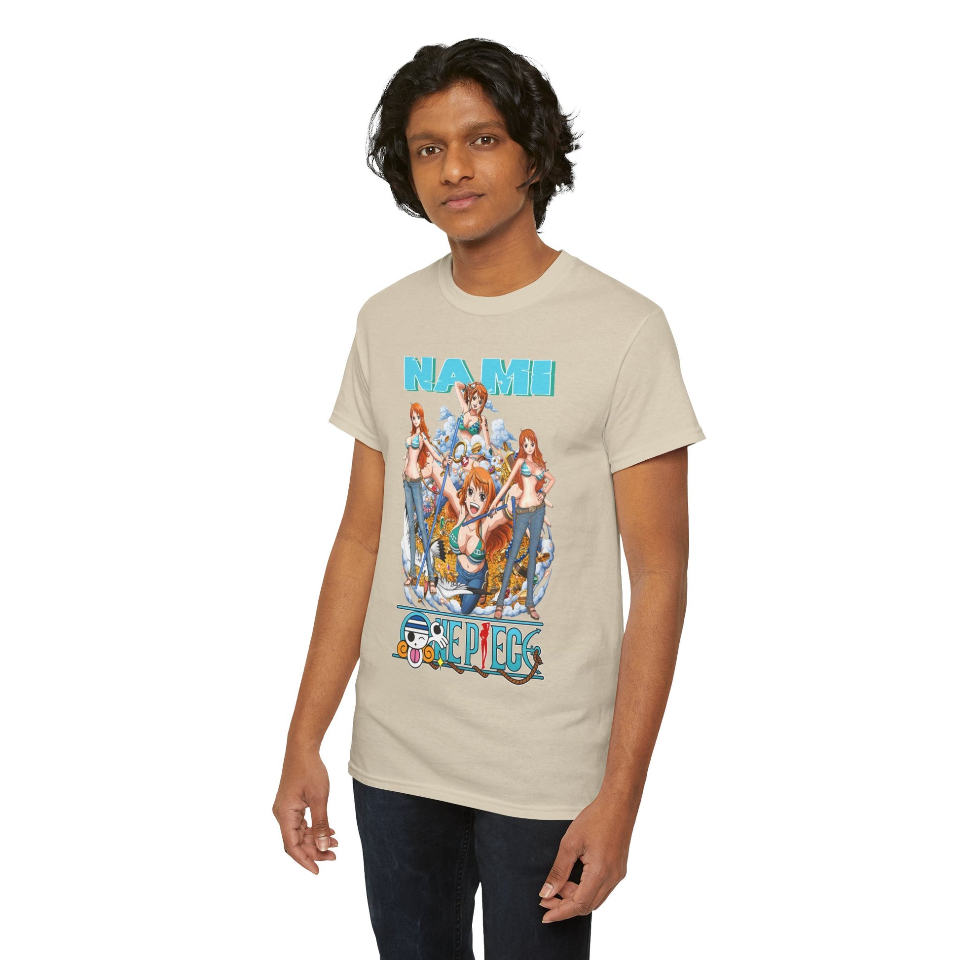 Chic male model wearing a One Piece Nami graphic t-shirt, showcasing the dynamic design and high-quality fabric, perfect for making a fashionable statement at any casual occasion.