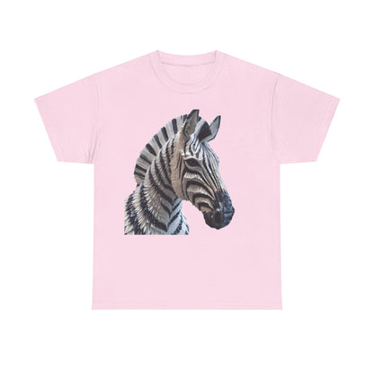 Zebra Elegance Unisex Graphic T-Shirt featuring a vibrant paper art zebra motif against a delicate pink hue, merging stylish design with luxurious cotton flair.