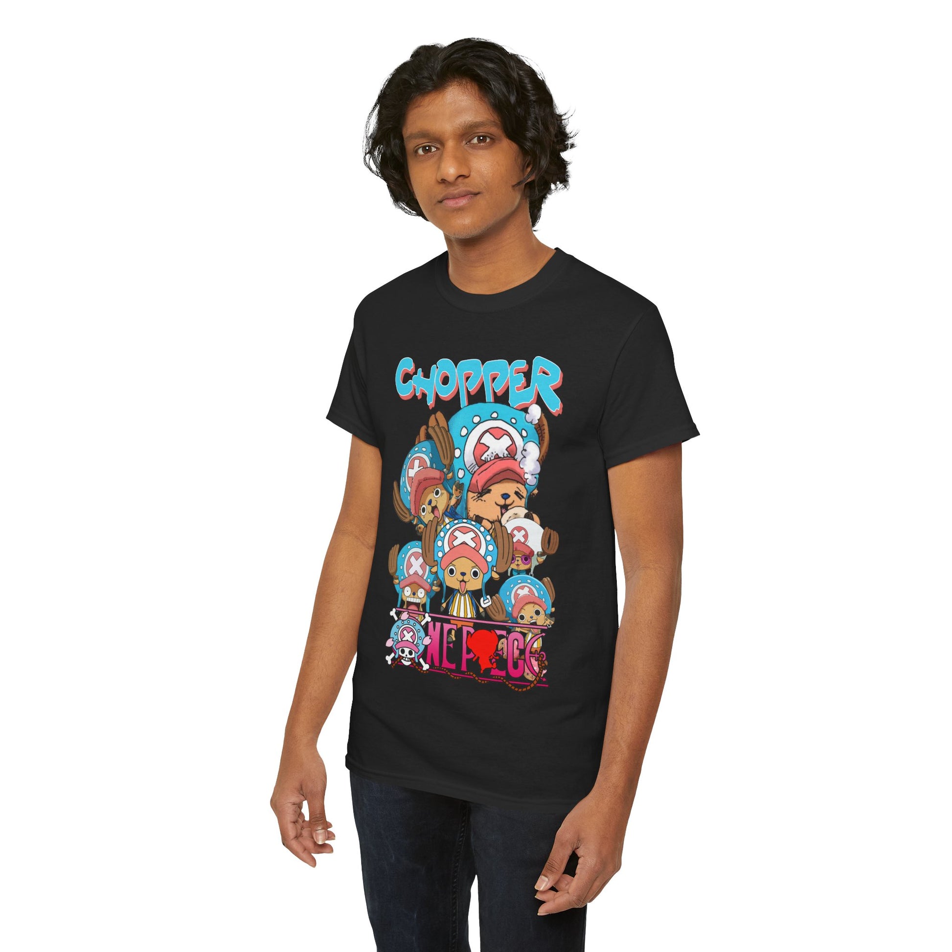 Young man styled in a fashionable black t-shirt, prominently displaying Chopper graphics, a perfect tribute to anime culture.