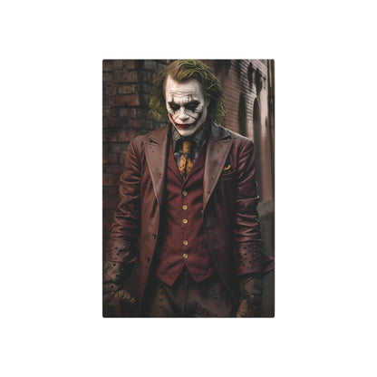 Joker Metal Art Poster showcasing the Clown Prince of Crime in a stunning matte aluminium finish. Perfect wall decor for Dark Knight fans, available in multiple sizes.