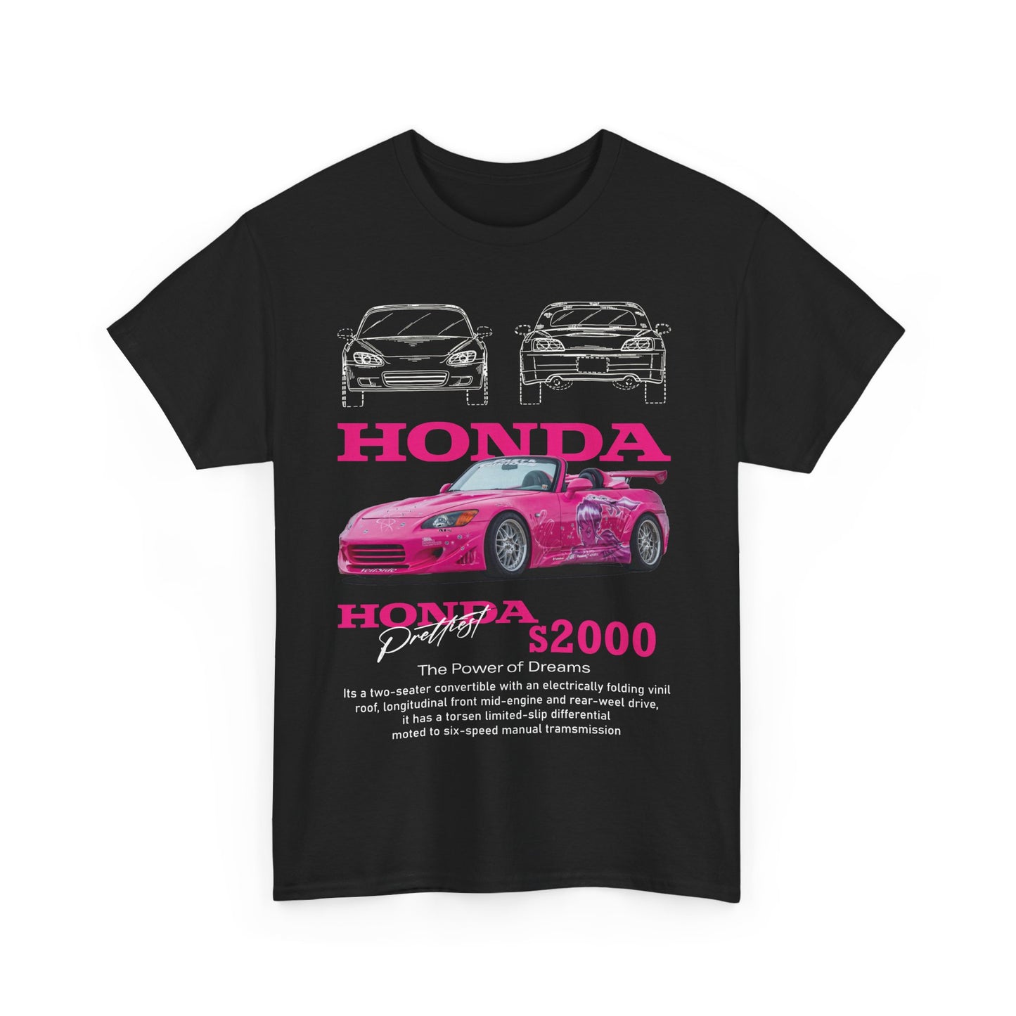 Front view of a stylish black men's t-shirt featuring a vibrant pink Honda S2000 graphic, showcasing sporty flair and passion for cars.
