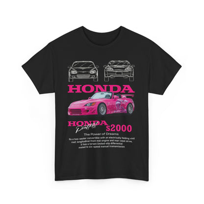 Front view of a stylish black men's t-shirt featuring a vibrant pink Honda S2000 graphic, showcasing sporty flair and passion for cars.