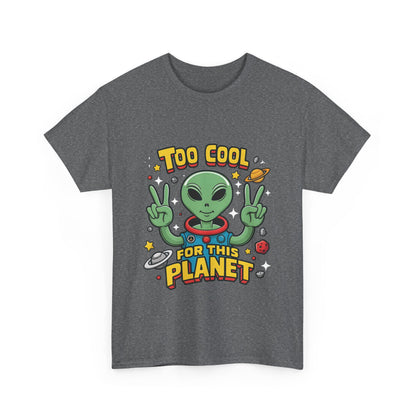 Front view of the Urban Cotton Alien Graphic T-Shirt in grey, showcasing a vibrant alien graphic with 'Too Cool for This Planet' text, perfect for unisex street fashion.