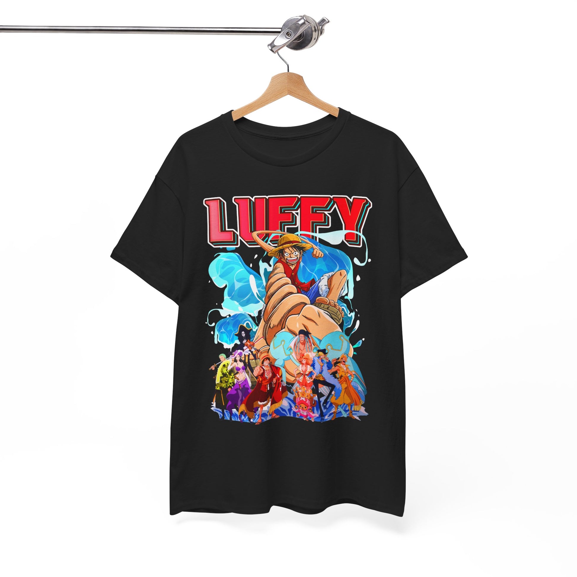 Stylishly displayed black t-shirt with a vivid design of Luffy and friends, hanging on a wooden hanger, perfect for showcasing adventurous fashion.
