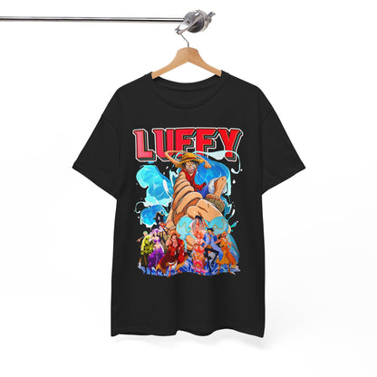 Stylishly displayed black t-shirt with a vivid design of Luffy and friends, hanging on a wooden hanger, perfect for showcasing adventurous fashion.