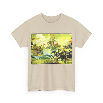 Front view of the elegant Discworld Witches Abroad Graphic Unisex T Shirt Tee, adorned with a vivid depiction of witches engaging in enchanting adventures.