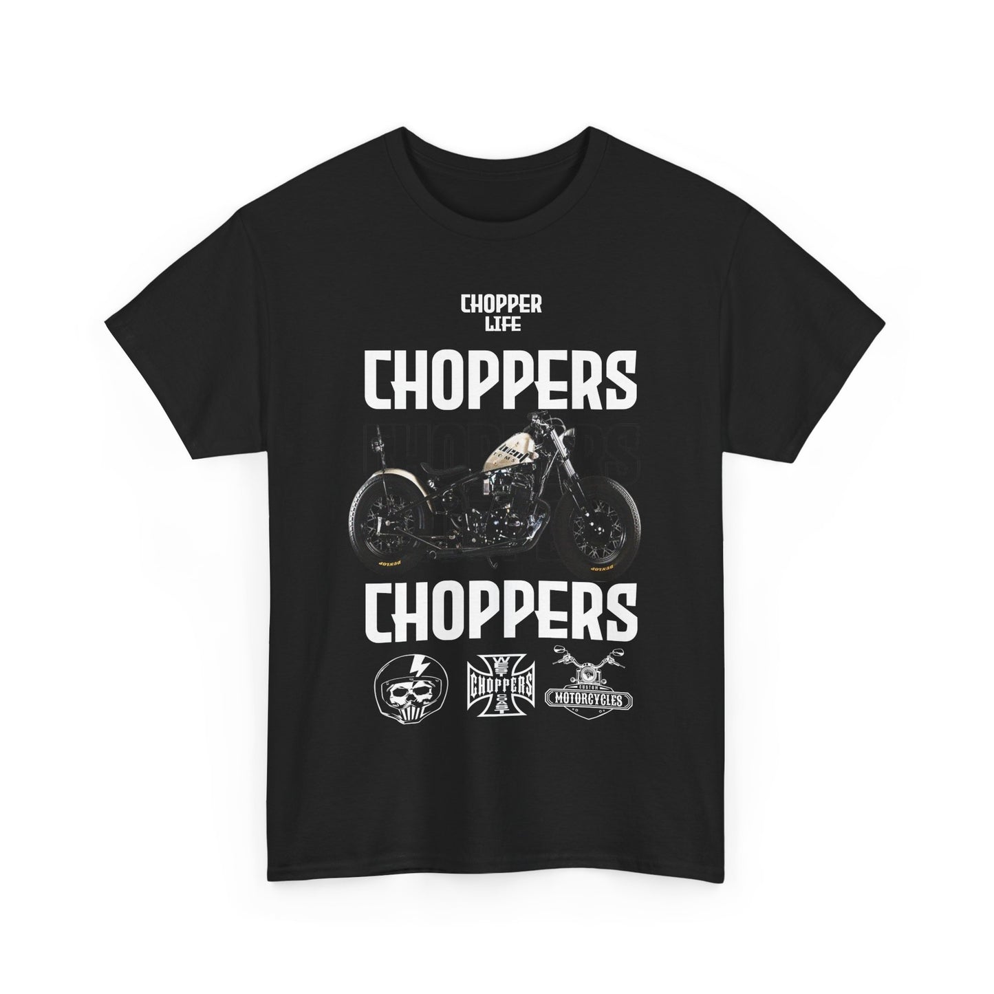 Front view of a stylish black T-shirt featuring a striking chopper graphic and the phrase 'CHOPPER LIFE', embodying the spirit of motorcycle culture.