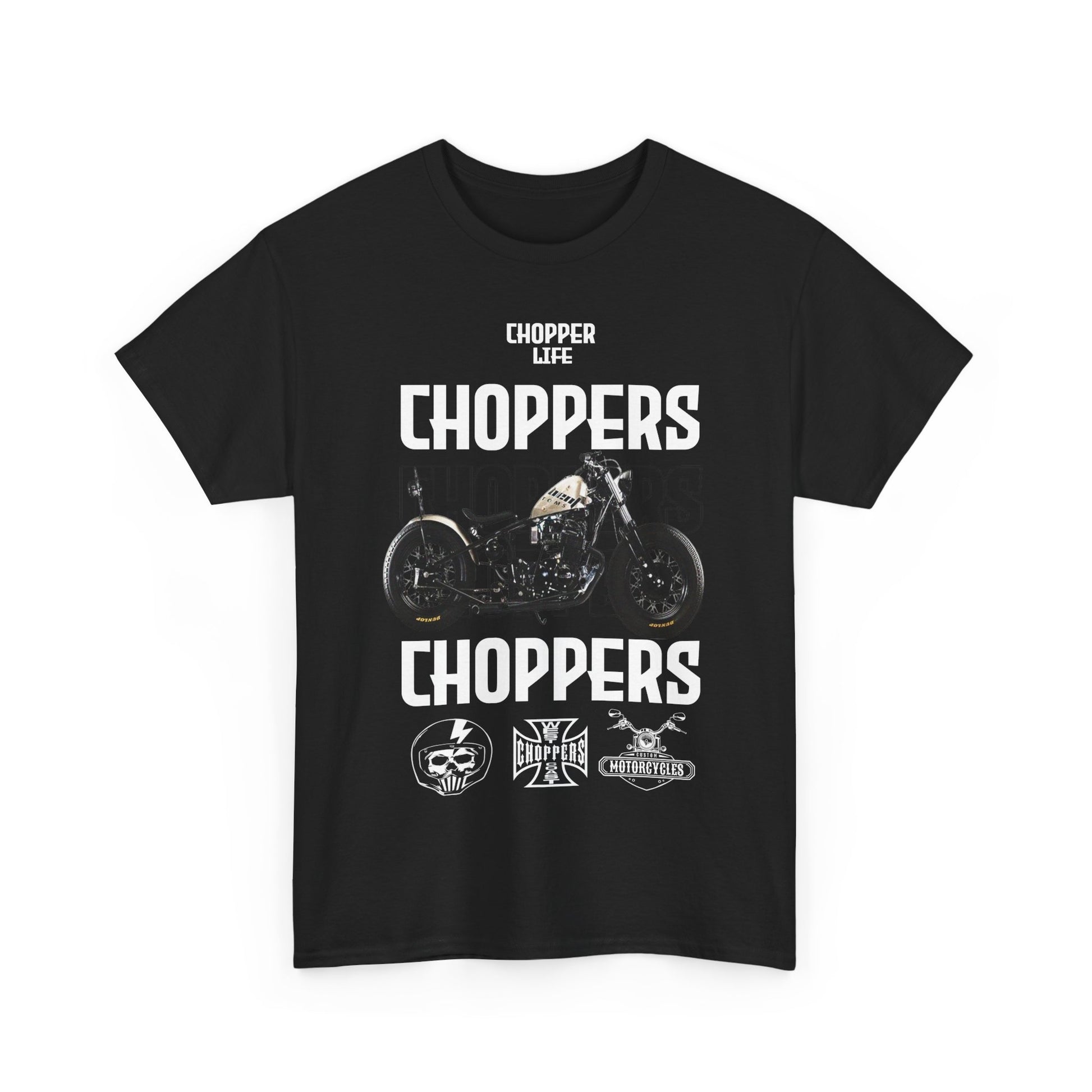 Front view of a stylish black T-shirt featuring a striking chopper graphic and the phrase 'CHOPPER LIFE', embodying the spirit of motorcycle culture.