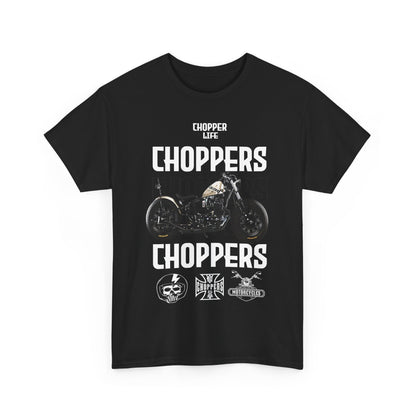 Front view of a stylish black T-shirt featuring a striking chopper graphic and the phrase 'CHOPPER LIFE', embodying the spirit of motorcycle culture.