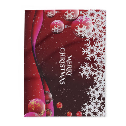 Decorative and Warm Christmas Arctic Fleece Blanket featuring a festive red background with elegant snowflakes and Christmas ornaments, perfect for winter cosy nights.