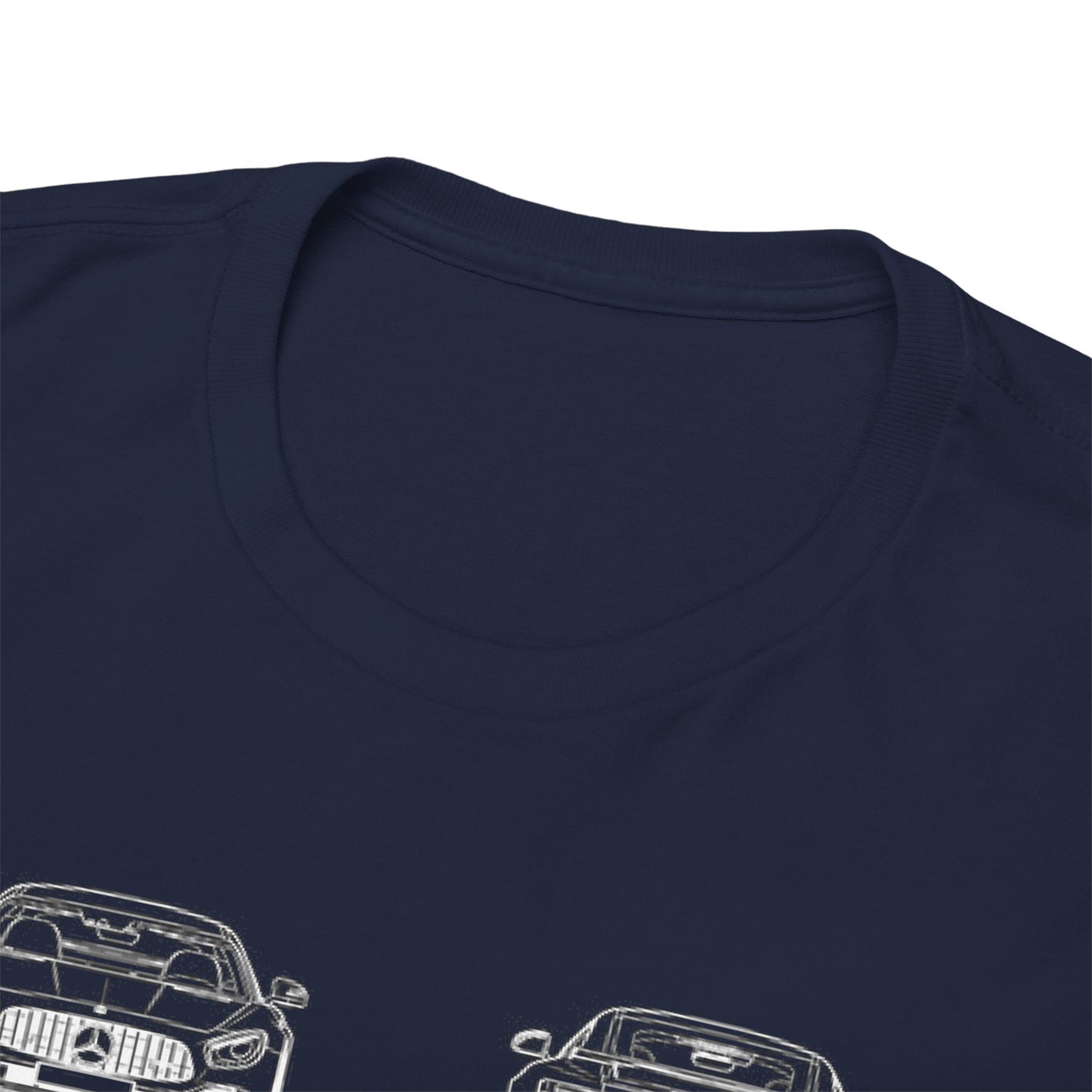 Close-up of the neckline and fabric texture of the luxurious navy blue Mercedes-AMG GT-R T-shirt.