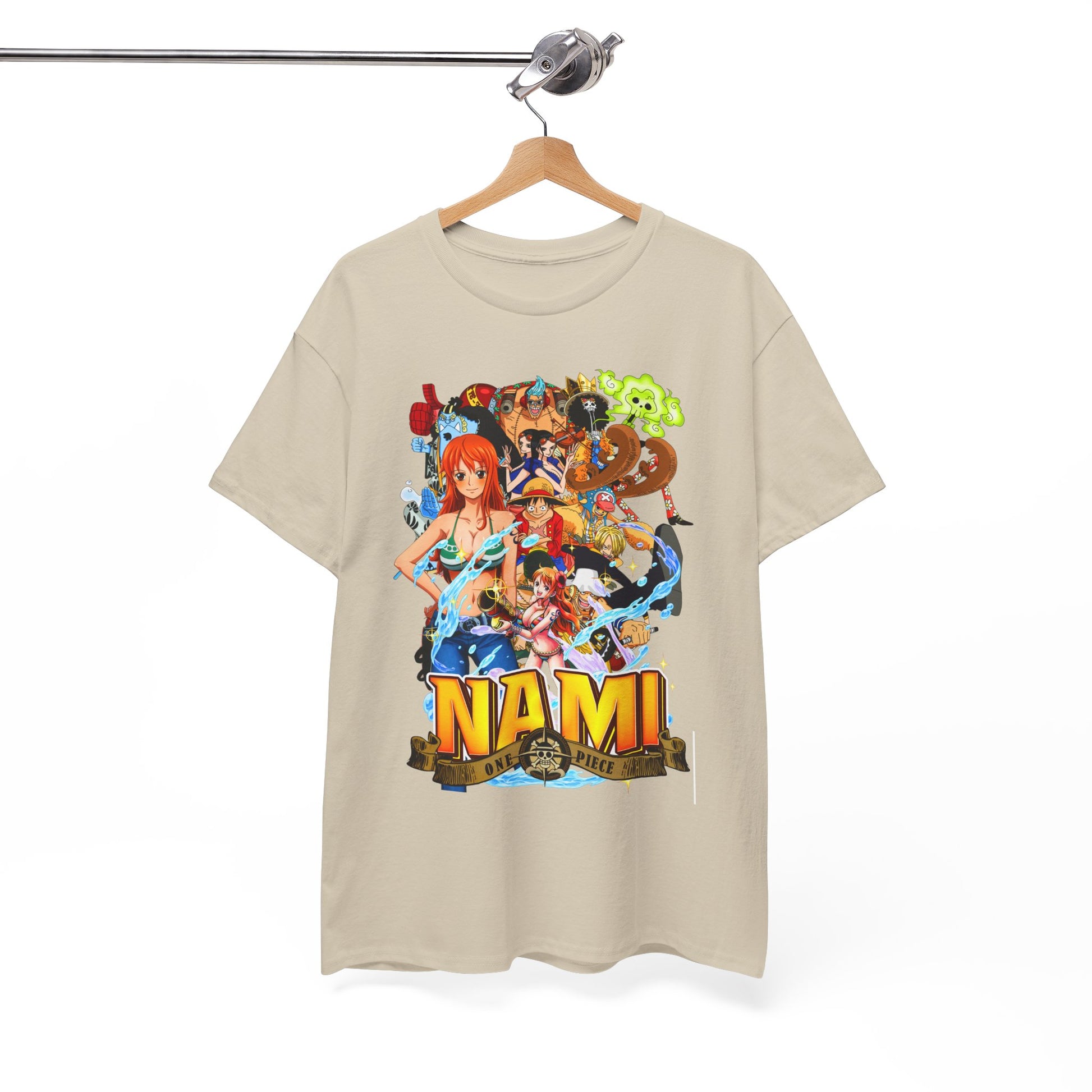 Elegant display of a men's t-shirt with a striking Nami graphic from One Piece, hung on a stylish wooden hanger, emphasising its artistic design.