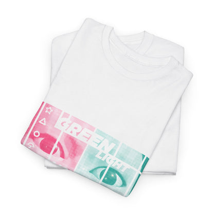 Luxurious folded white Squid Game unisex T-shirt with an eye-catching graphic design, featuring 'GREEN LIGHT' and 'RED LIGHT' prominently displayed for a chic statement.