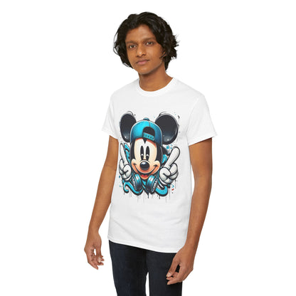 Model wearing a unisex Mickey Mouse Graffiti Graphic T-Shirt, displaying a playful design with Mickey Mouse in a graffiti style.