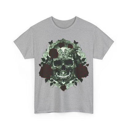 The front view of the Skulls and Roses Cotton Tee, featuring an intricate skull design entwined with roses, set on a luxurious grey background.