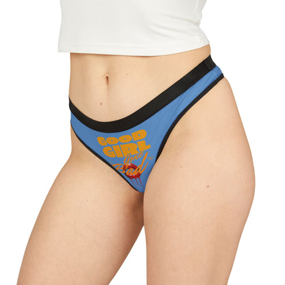 Chic blue thong panties designed for a fashionable flair, featuring the playful phrase 'Good Girl Gone Bad' in vibrant colours, embodying empowerment and seduction.