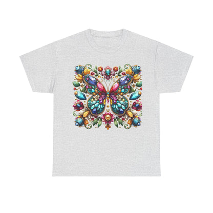 Enchanting Butterfly Brooch Unisex T Shirt Graphic Tee in grey displaying an intricate butterfly design embellished with colourful rhinestones, perfect for adding sophistication to any outfit.