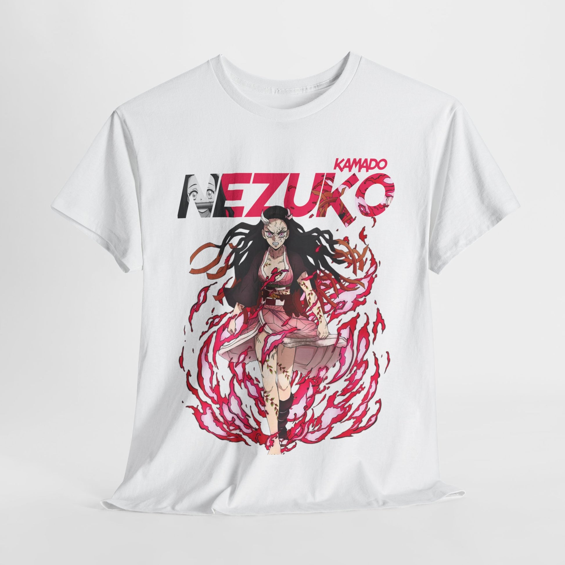 Stylish presentation of a Nezuko Kamado T-shirt with a captivating anime illustration, perfect for making a fashionable statement.