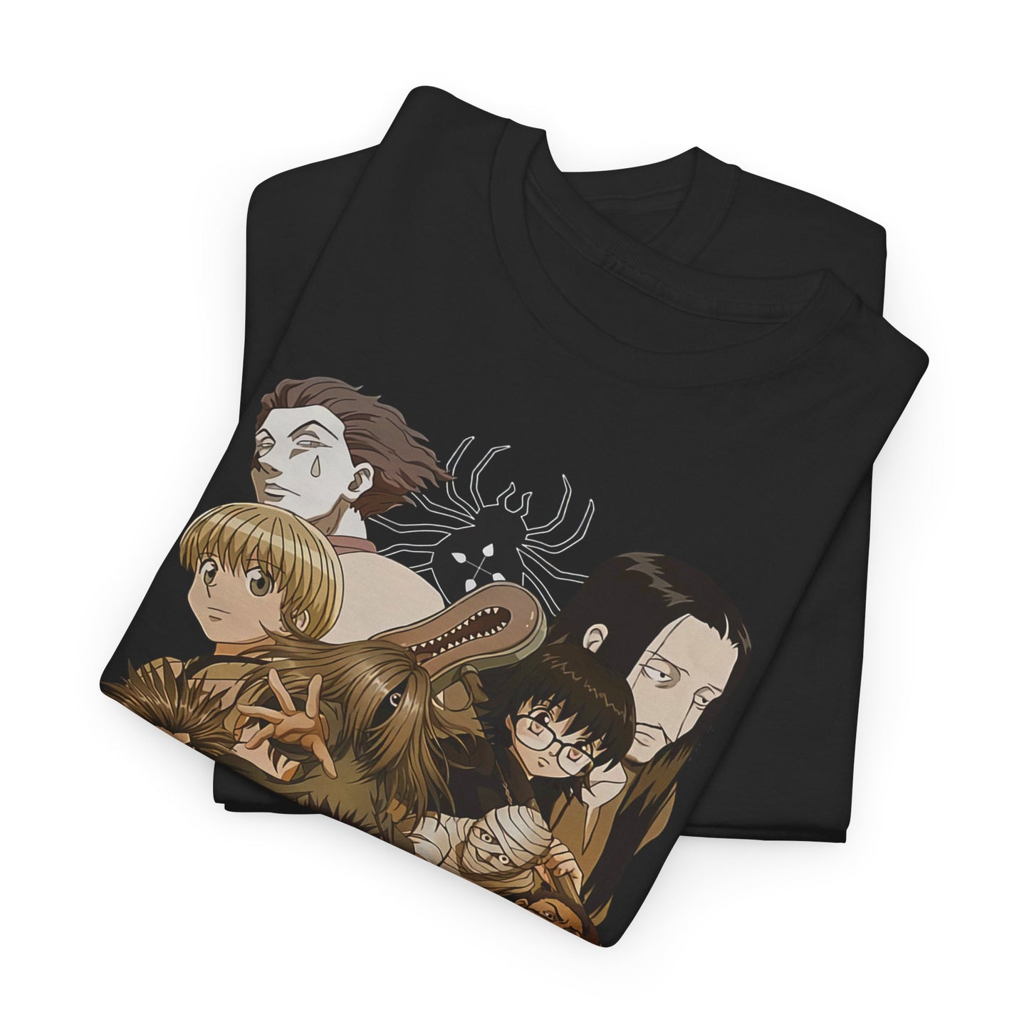 Stylishly folded black Phantom Troupe graphic tee featuring iconic Hunter x Hunter characters, an essential piece for anime lovers.