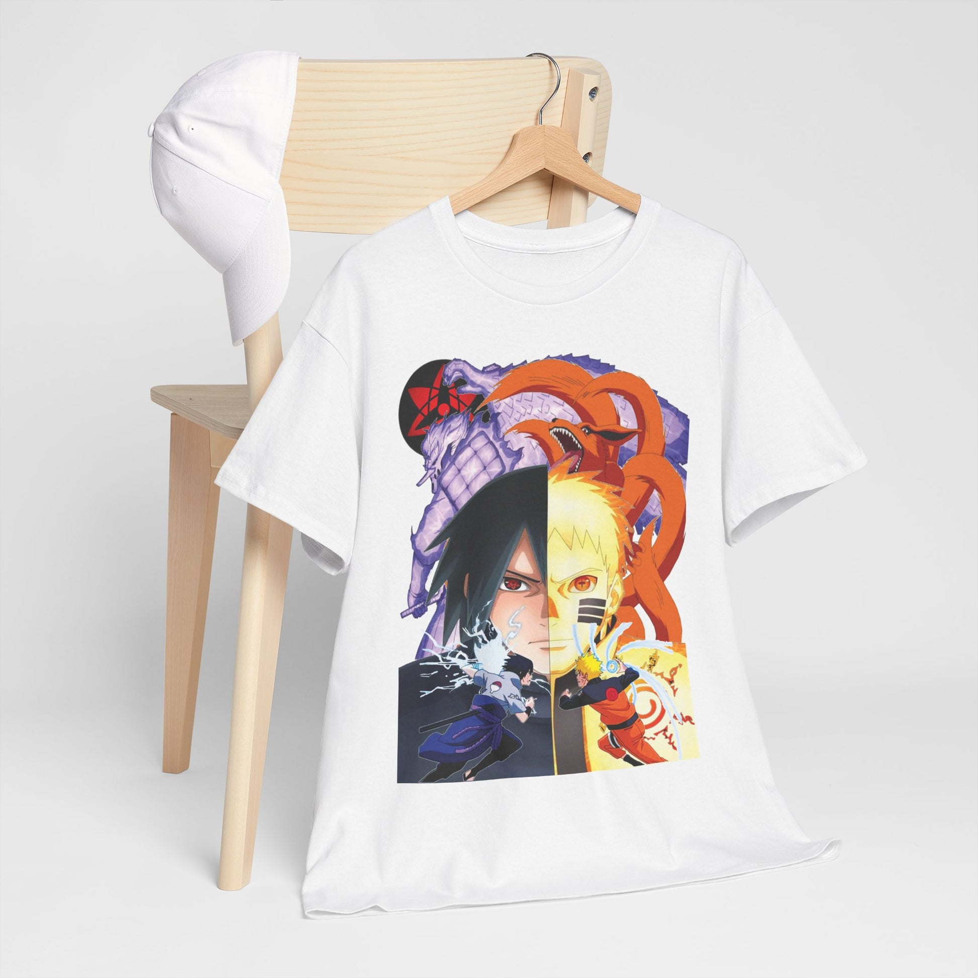 Luxurious white T-shirt featuring a split-screen design showcasing iconic anime characters Sasuke and Naruto, ideal for bold fashion enthusiasts. Styled on a contemporary wooden hanger with a fashionable cap.