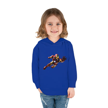 Children's unisex Iron Man in Flight hoodie featured on a young child, showcasing a vibrant blue fleece sweater perfect for ages 2 to 5 years, designed to inspire creativity and imagination.