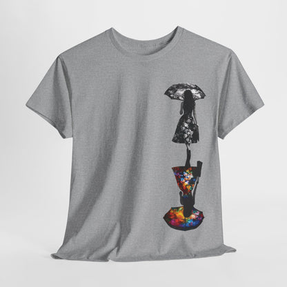 The Duality Dreams unisex t-shirt showcasing an artistic floral design, featuring two silhouettes of a woman, one in classic black and white, and the other in vibrant colours, symbolising elegance and individuality.