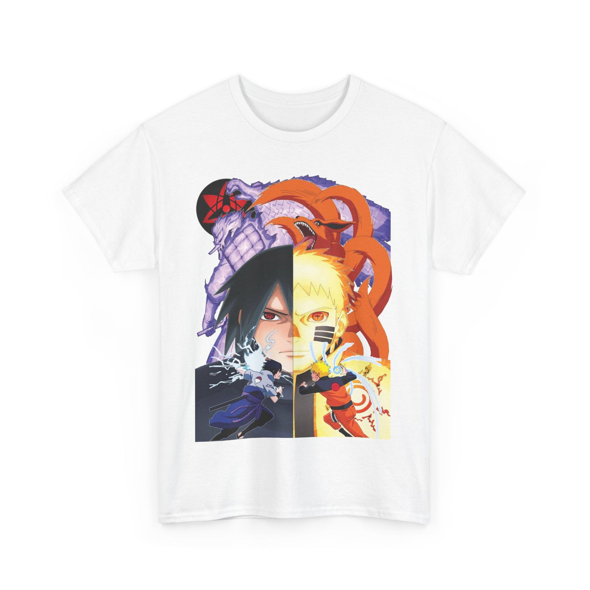 Majestic Naruto and Sasuke anime-inspired T-shirt featuring striking split-screen imagery of two iconic characters, perfect for anime enthusiasts.