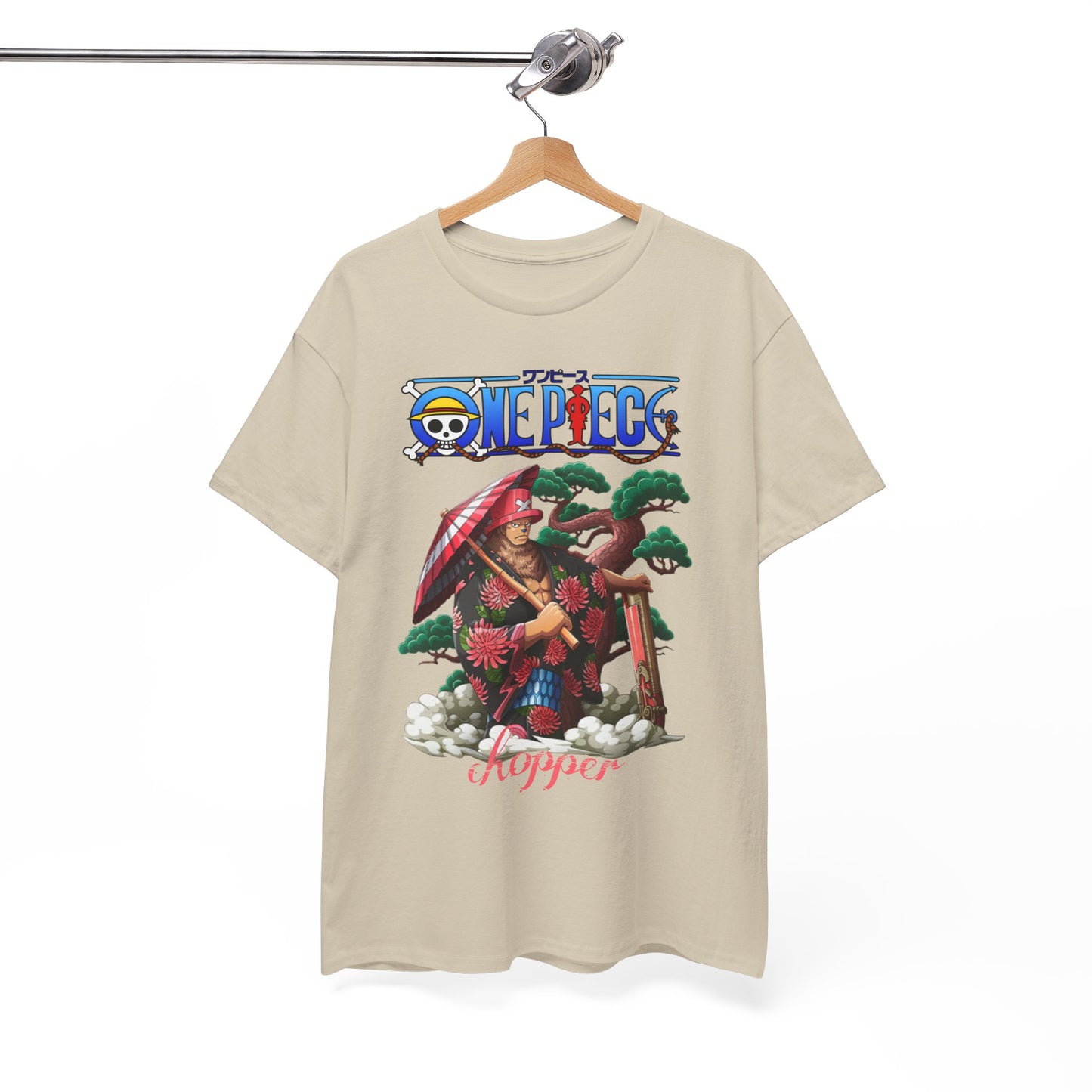 Sophisticated men's t-shirt hanging elegantly, featuring a colourful design of Chopper from One Piece, merging classic Japanese style with modern flair.