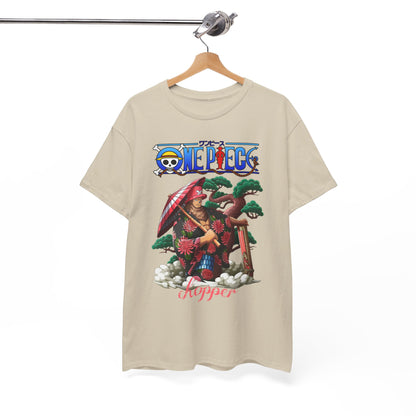Sophisticated men's t-shirt hanging elegantly, featuring a colourful design of Chopper from One Piece, merging classic Japanese style with modern flair.