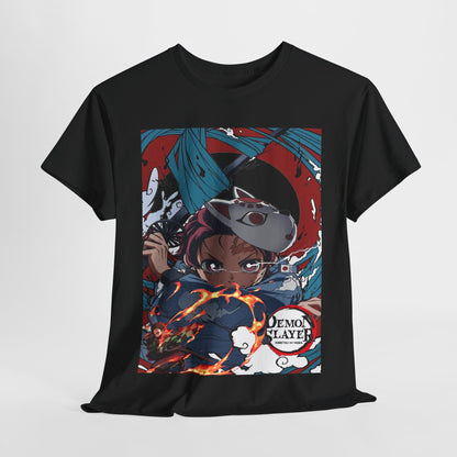 Premium black t-shirt featuring a dynamic print inspired by Demon Slayer, showcasing Tanjiro Kamado with fiery elements, ideal for anime fashion enthusiasts.