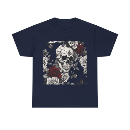 Skulls and Roses Cotton Tee, Unisex Graphic Shirt - Captivating navy blue graphic tee displaying a stunning skull and rose design, embodying unique alternative fashion.