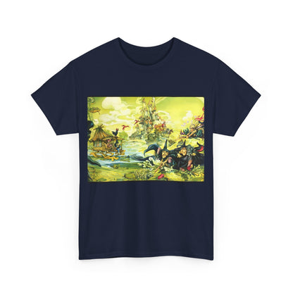 Front view of an artistic unisex tee shirt in navy, adorned with a vivid illustration inspired by Discworld, showcasing empowered witches in a whimsical scene.