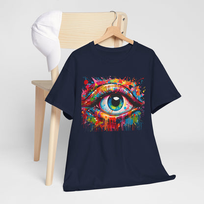 Chic Visionary Drip Graphic T-shirt elegantly hung with a stylish cap, featuring a colourful eye design that embodies artistic expression.