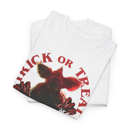 Luxury unisex graphic t-shirt featuring a Demogorgon design with the words 'TRICK OR TREAT' in bold red font, perfect for Halloween and casual outings.