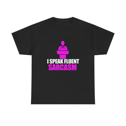 Sophisticated black men's T-shirt showcasing a striking graphic design of the phrase 'I SPEAK FLUENT SARCASM', enhanced by a bold magenta silhouette of a speaker behind a podium.