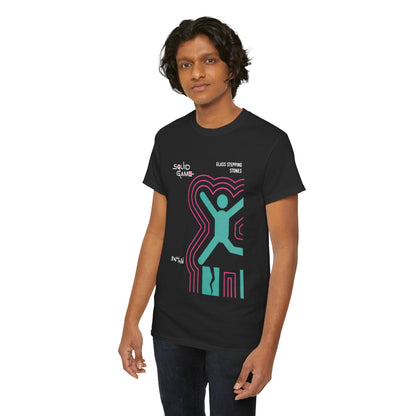 Chic black t-shirt featuring vibrant Squid Game graphics, modeled for an upscale fashion presentation.