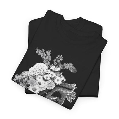 Chic stacked black t-shirts adorned with a stunning floral heart motif, merging nature and anatomy in an eye-catching fashion statement ideal for modern luxury.