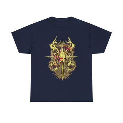 Symmetrical skulls surrounding the central emblem of the Men's Artistic Skull T-Shirt with Antlers, Game of Thrones Inspired Design, adding depth and intrigue.