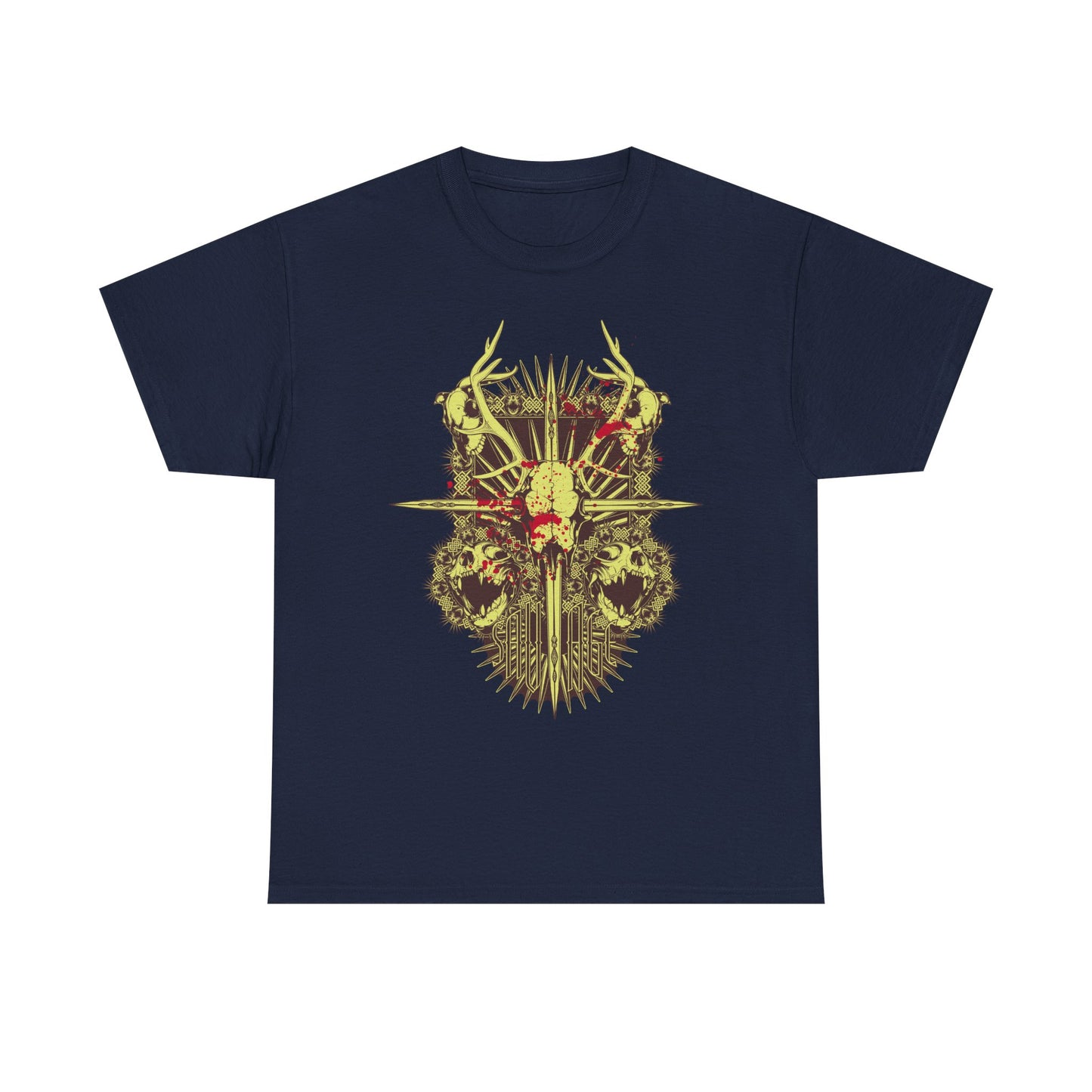 Chic navy men's t-shirt adorned with a remarkable skull motif and intricate antler details, perfect for those who appreciate unique luxury fashion.