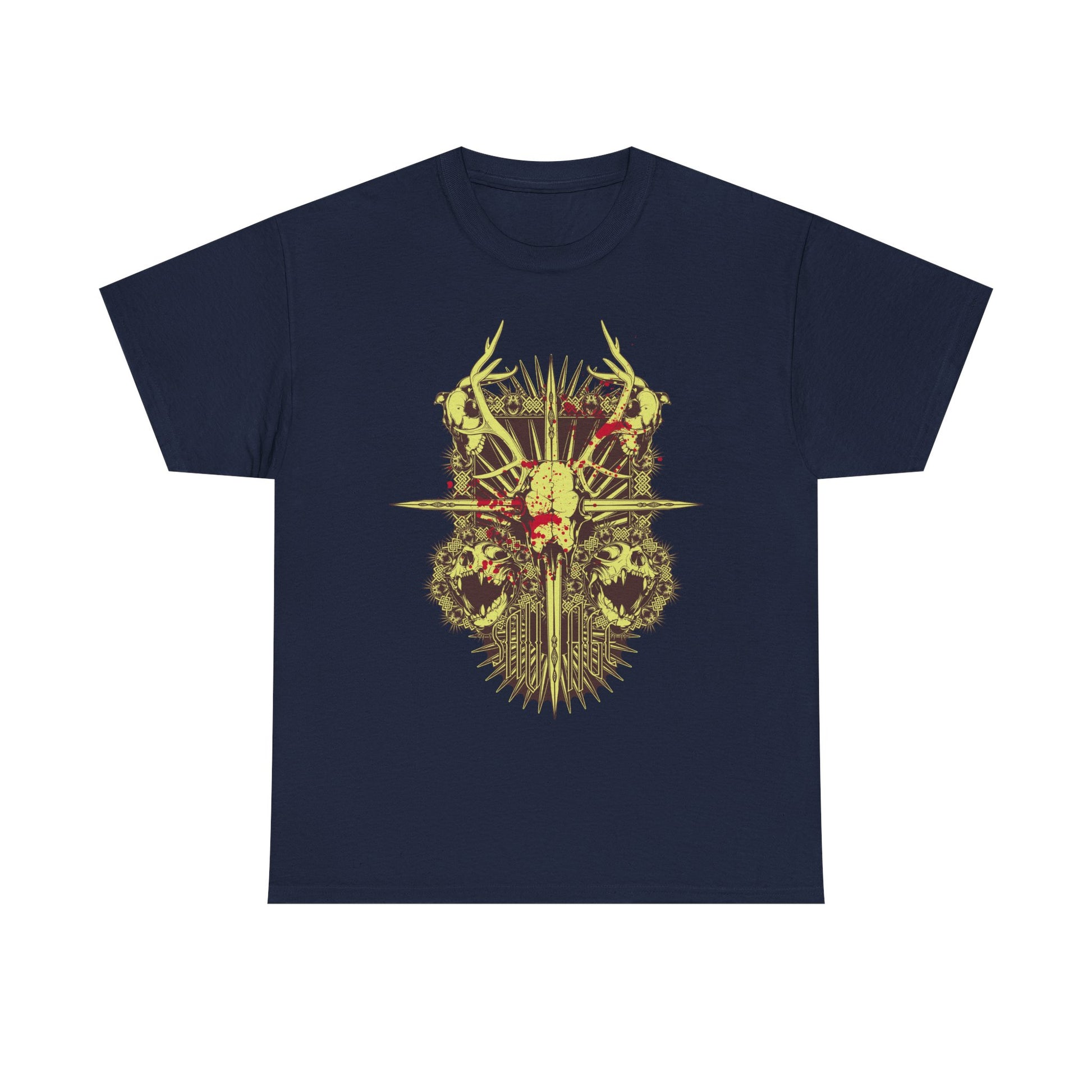 Chic navy men's t-shirt adorned with a remarkable skull motif and intricate antler details, perfect for those who appreciate unique luxury fashion.