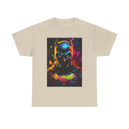 Vibrant Batman Graphitti Graphic Unisex Tee Shirt in beige with a captivating stylized illustration of Batman, featuring an electrifying colour palette.