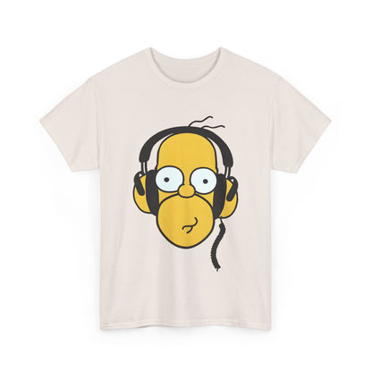 A refined unisex cotton tee adorned with a playful 'Hear the Hilarity Homer Simpson Headphones' graphic, rendered in vivid colours on a soft creamy background.