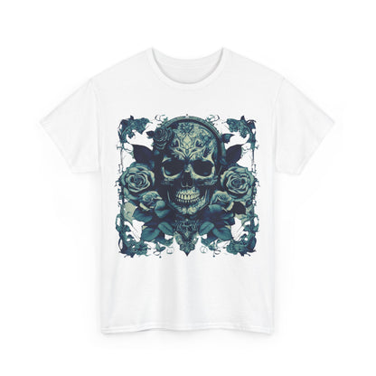 Close-up of the Skulls and Roses Cotton Tee, displaying the stunning skull and rose artwork, ideal for those who appreciate unique fashion statements.