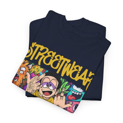 Folded navy blue streetwear t-shirt with vibrant cartoon graphics and bold lettering, perfect for fashion enthusiasts looking to make a statement.