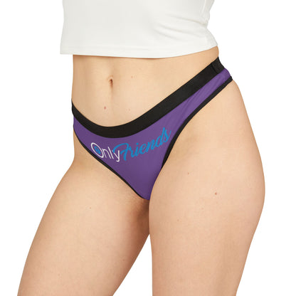 Luxurious women's thong panties in vibrant purple featuring 'OnlyFriends' design in chic cursive typography, perfect for adding a playful and flirty touch to any intimate wardrobe.