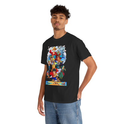 Fashionable black t-shirt worn by a model, featuring a striking anime graphic, exuding a sense of adventure and style, perfect for the modern anime aficionado.