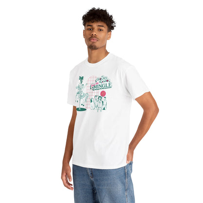 Stylish unisex white graphic tee featuring a playful Squid Game design, modelled by a young man, perfect for urban attire.