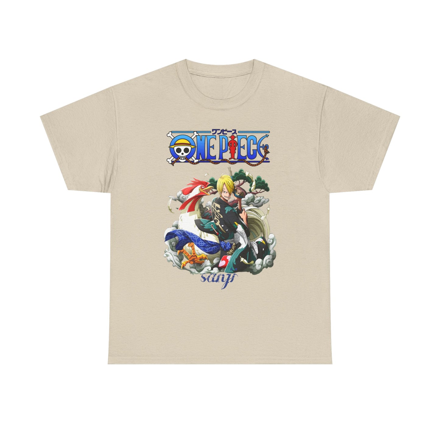 Elegant men's t-shirt in a neutral beige tone, adorned with a stunning Sanji illustration from One Piece, perfect for anime enthusiasts.