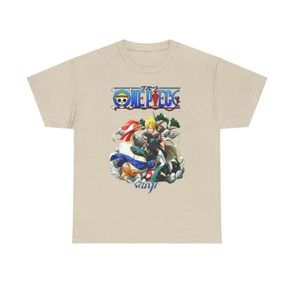 Elegant men's t-shirt in a neutral beige tone, adorned with a stunning Sanji illustration from One Piece, perfect for anime enthusiasts.